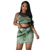 F272-summer clothes 2023 fashion print sexy mesh crop top and skirt set for women