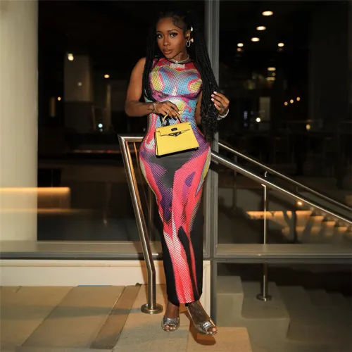 2023 summer women's new fashion 3D printed sleeveless crew neck slim slit dress