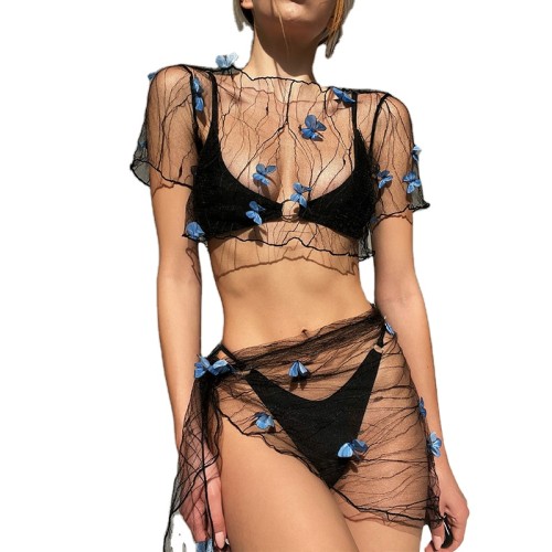 Summer mesh sexy short sleeve beach clothes women mesh top two piece short set