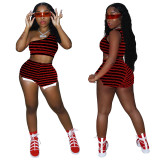 Summer zebra casual sport stretch two pieces short set with oblique shoulder sleeveless tank crop top