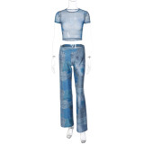 Lagerfe 2357 Tie Dye Print Mesh See Through Short Sleeve Crop Top Pants Women'S Sets Casual Summer 2 Pieces Sets Women Clothes