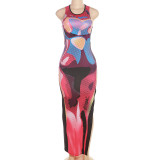 2023 summer women's new fashion 3D printed sleeveless crew neck slim slit dress