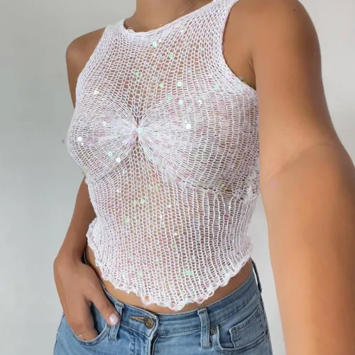 women's 2023 summer new women sexy hollow out crop round neck sleeveless top