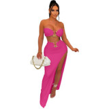 new arrivals strapless high slit 2 piece skirt set women's summer sets