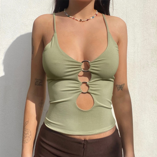 Women's Sexy Backless Sleeveless Solid Ring Hollow Out Crop Tops