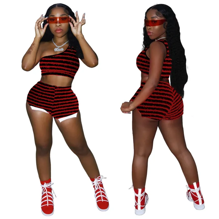Summer zebra casual sport stretch two pieces short set with oblique shoulder sleeveless tank crop top