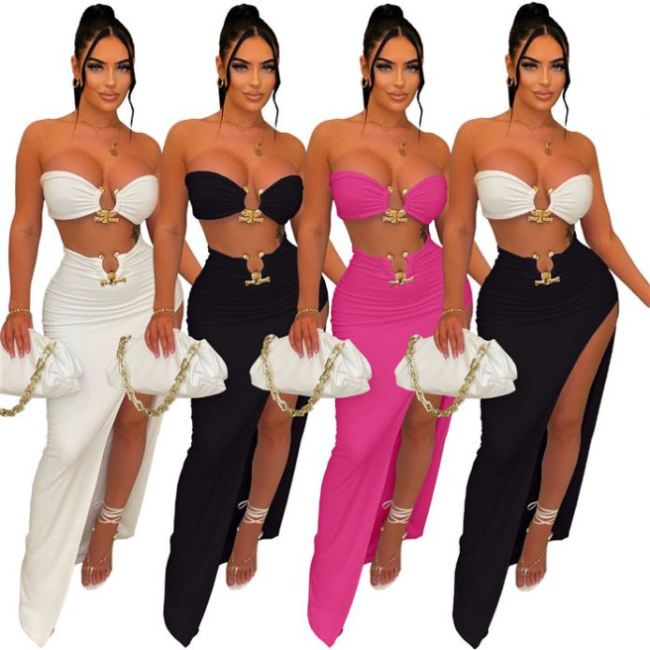 new arrivals strapless high slit 2 piece skirt set women's summer sets