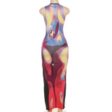 2023 summer women's new fashion 3D printed sleeveless crew neck slim slit dress