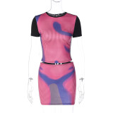 2333 Tie Dye Print O Necl Short Sleeve Hig Waist Crop Top Mini Skirt Women'S Sets 2023 Summer Evening Streetwear Casual Clothes