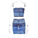 European American style women's 2023 summer new printed crop top and slim-fit mini skirt suit