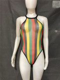 Y9271-popular color blocking body stocking halter mesh bikini sexy rainbow one piece swimsuit
