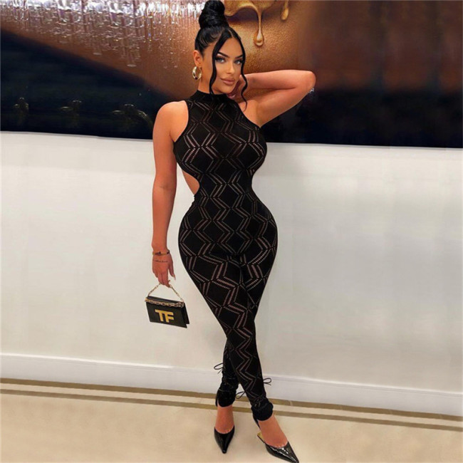 Summer women's new sexy backless sleeveless hanging neck high waist tight sports bodybuilding jumpsuit