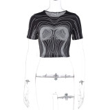 X1355 - fashion casual ladies shirts crop top o neck printed short sleeve women t-shirt