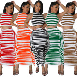 Summer new striped crop-top sleeveless tank skirt knitted two-piece woman streetwear clothing
