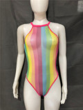 Y9271-popular color blocking body stocking halter mesh bikini sexy rainbow one piece swimsuit