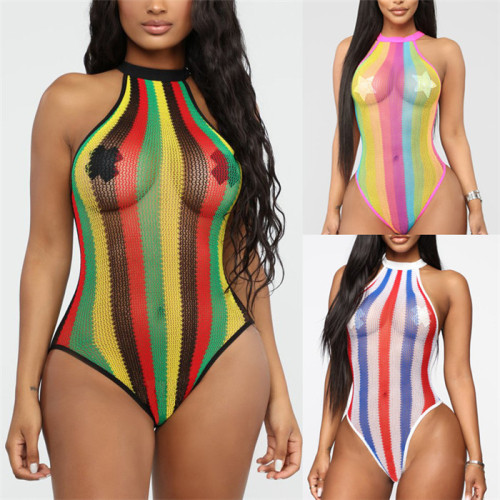 Y9271-popular color blocking body stocking halter mesh bikini sexy rainbow one piece swimsuit
