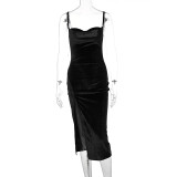 2023 Lady Elegant Dress Women Apparel Skinny Partytemperament Slit Folds Velvet Suspenders Bodycon Evening Dress For Women