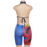 X1338 sexy fit fashion printed ladies rompers backless halter bandage sleeveless skinny women jumpsuit