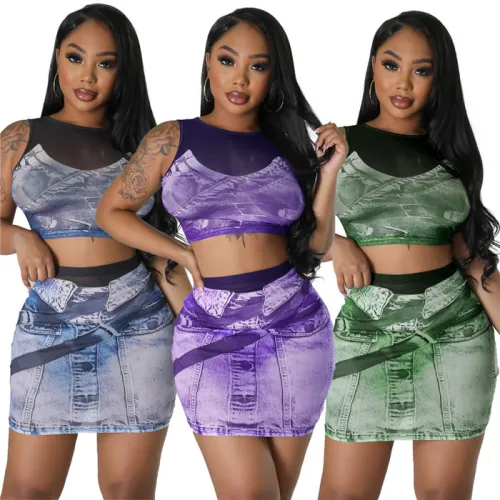 F272-summer clothes 2023 fashion print sexy mesh crop top and skirt set for women
