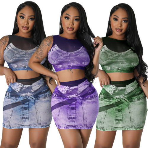 F272-summer clothes 2023 fashion print sexy mesh crop top and skirt set for women