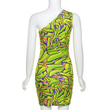 European American women's 2023 summer women's new fashion oblique shoulder printed slim-fit casual dress