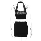 2641 Y2K Letter Print Halter High Waist Tank Crop Top Mini Skirt Women'S Sets 2023 Summer Casual Evening Streetwear Clothes