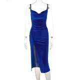 2023 Lady Elegant Dress Women Apparel Skinny Partytemperament Slit Folds Velvet Suspenders Bodycon Evening Dress For Women