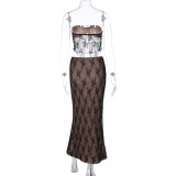 Lagerfe 2457 Mesh Spliced High Waist Crop Top Midi Skirt Women'S Sets Elegant Summer Evening Casual Elegant Streetwear Clothes