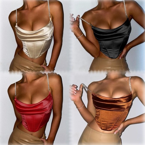 Women Sexy Ruched Camisole Spaghetti Straps Chain Pleated Crop Top Y2K Plus Size Clothing Vintage Slim Ladies Satin Tops T-shirt