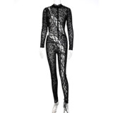 Lagerfe Leopard Mesh Patchwork Lace Up Jumpsuit Women Hollow Out Sexy Streetwear 2023  Summer Fall One Piece Long Sleeve Clothes