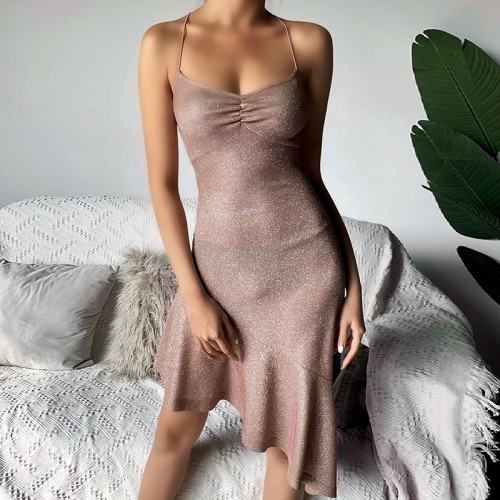 2023 Hot Summer Women Fashion Solid Color Backless Slim Halter Sexy Evening Club Mini Sequin Dresses Women Party
