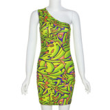 European American women's 2023 summer women's new fashion oblique shoulder printed slim-fit casual dress
