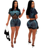 3XL Summer sexy body print mesh see though two-piece short sets for women 2023 with chain crop top t shirt