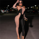 2023 spring new women's fashion hanging neck backless mesh gauze tight casual jumpsuit