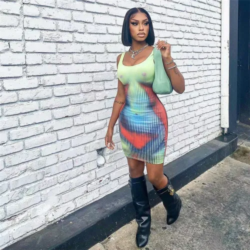 B2561-Fashionable bodycon dress for women sleeveless printed mini dress