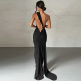 2176 One Shoulder Halter Backless Ruched Ruffle Backless Sleeveless Elegant Slit Women'S Dresses Party Prom Solid Summer Clothes