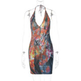 2023 summer new women print sexy V-neck halter casual dress