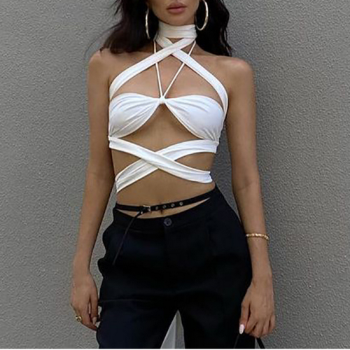 New 2023 women's halter white tops two pieces ladies cut out crop top sexy boob spaghetti straps top mujer woman summer clothing