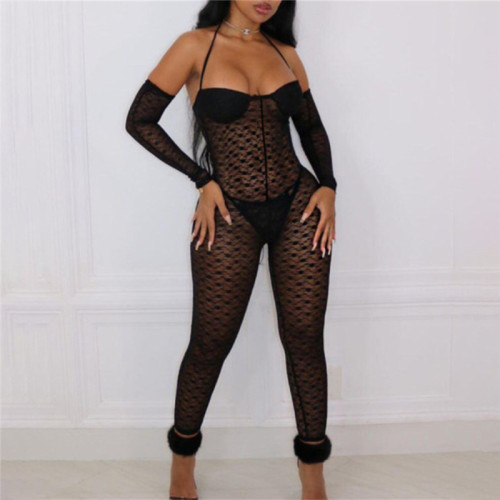 Summer women's new sexy low neck hanging neck hollow out perspective high waist tight one-piece trousers