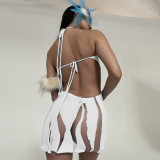 X1362 - women sexy see through hollow out halter sleeveless backless plain bandage short mini dress