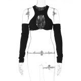 X1354 - women fashion plain sexy top personablity long sleeve o neck hollow out shirt