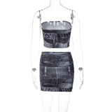 European American style women's 2023 summer new printed crop top and slim-fit mini skirt suit