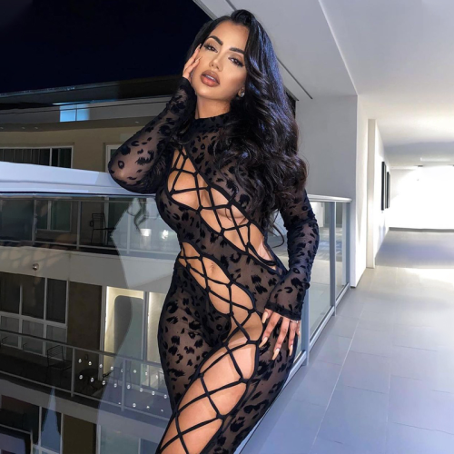 Lagerfe Leopard Mesh Patchwork Lace Up Jumpsuit Women Hollow Out Sexy Streetwear 2023  Summer Fall One Piece Long Sleeve Clothes