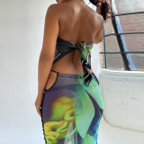 Lagerfe 2186 Tie Dye Print Backless Camis Crop Top Hollow Out Skirt Women'S Sets 2023 New Summer Casual Beach Vacation Clothes