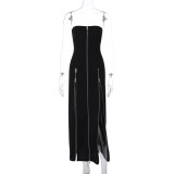 2561 Solid Elegant Zipper Slit Split Adjustable Midi Women'S Dresses 2023 Summer Evening Party Club Prom Lady American Clothing