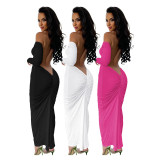 D88211 Women's Wear Hot New Off Back Off Shoulder Long Sleeve Solid Color Dress