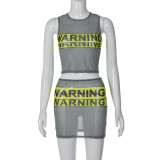 Peeqi S3312056W summer fashion letters printed mesh see through tank top and short skirt 2 piece set bodycon casual women 's set