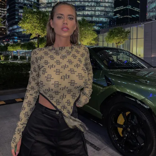 2023 Spring Autumn Ins Sexy Printed Women's One Piece Mesh Slim Bodysuit Tops Long Sleeve Casual Sports Jumpsuit for Women