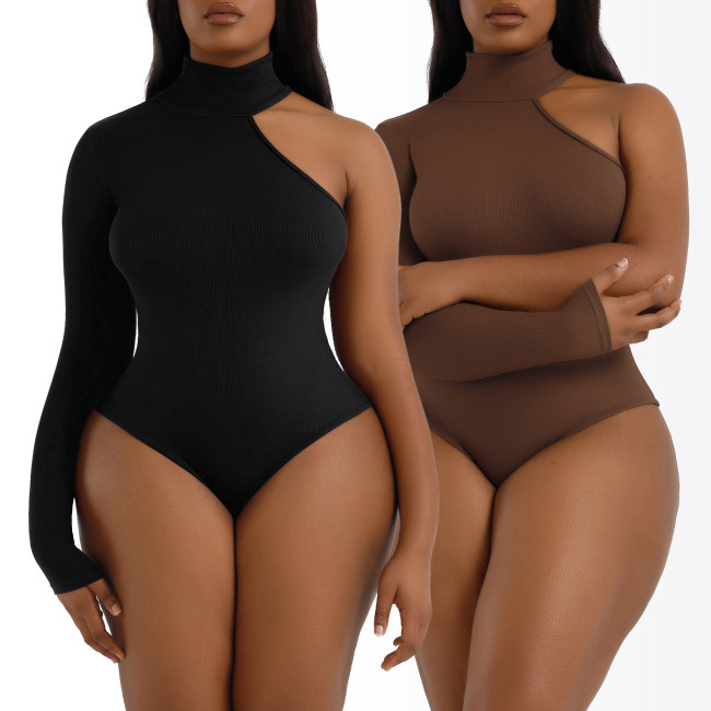 Half Turtleneck Shaping High Cut Waist Slimming Bodysuits Mock Neck One Shoulder Sleeve Jumpsuit Solid Bottoming Shirts Undies