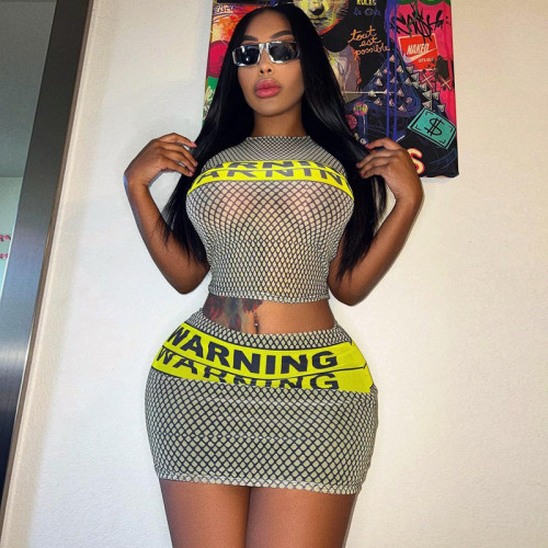 Peeqi S3312056W summer fashion letters printed mesh see through tank top and short skirt 2 piece set bodycon casual women 's set